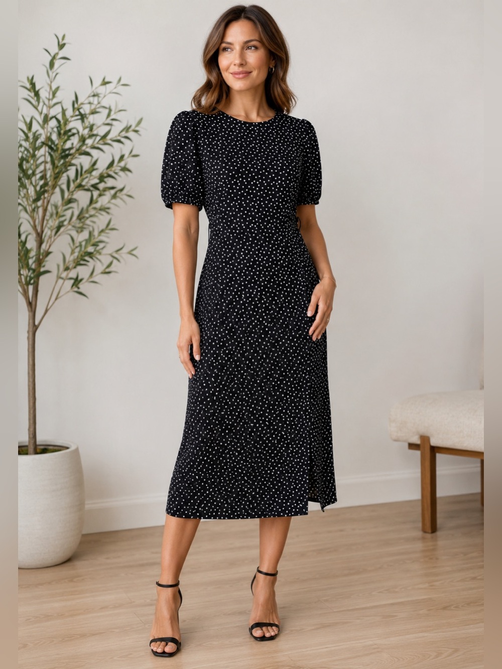 Zara Black/White Polka Dots Midi Dress. Size Large. Classy. Feminine. Charming.